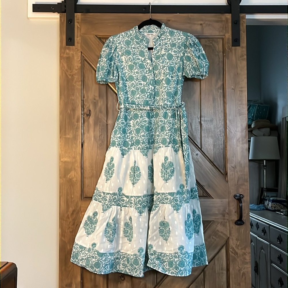 CELINA MOON Teal and White Patterned Midi Dress